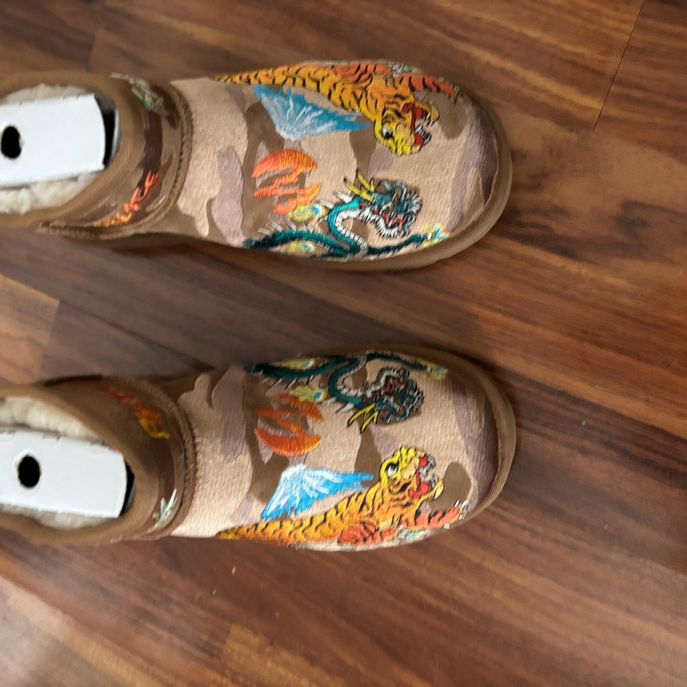 UGG Tan and Orange Ankle Boots with Artistic Design